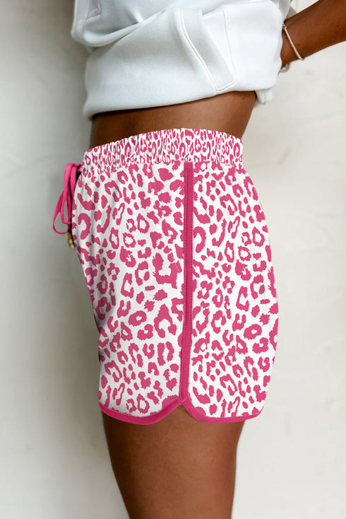 Leopard Print Elastic Waist Drawstring Contrast Trim Lounge Shorts
